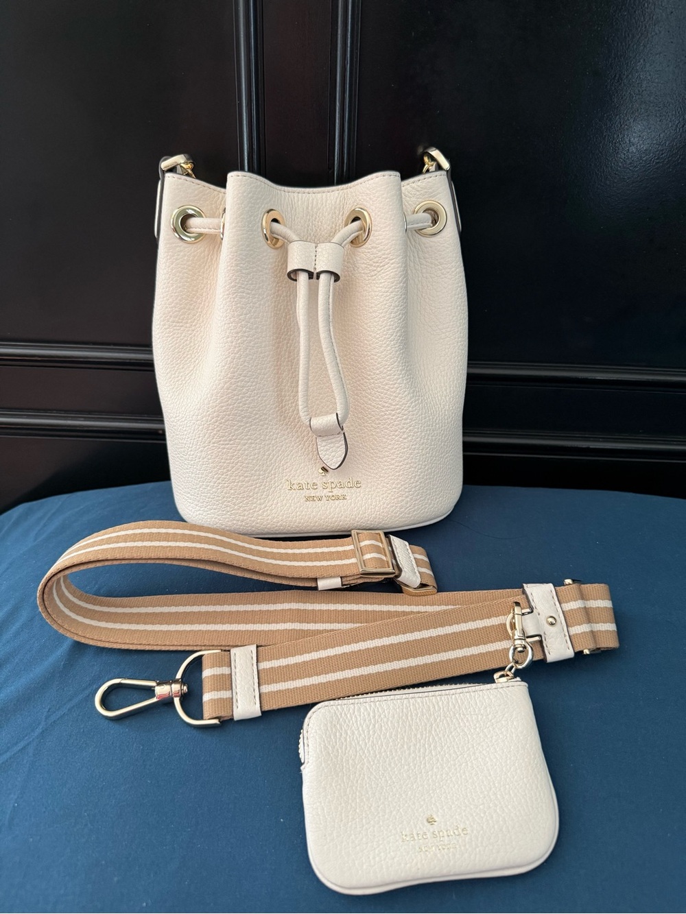 kate spade Ivory Pebble Leather Bucket Bag with Tan Striped Strap